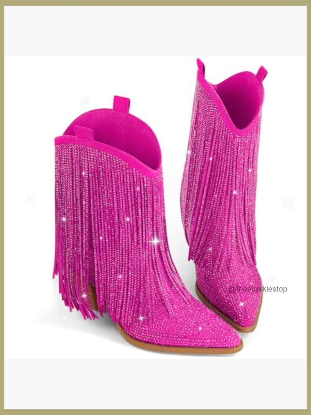Cowgirl Rhinestone Boots with Sparkly Fringe Pointed Toe Western Boot Chunky - Picture 6 of 7